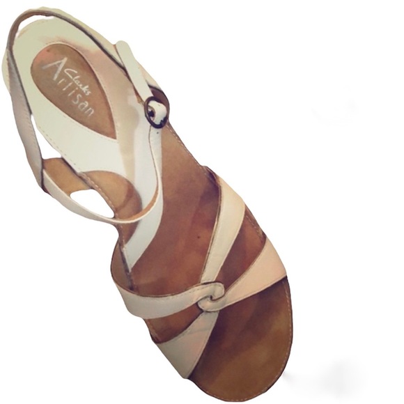 Clarks Shoes - EUC White leather sandals w/taped wedge heel